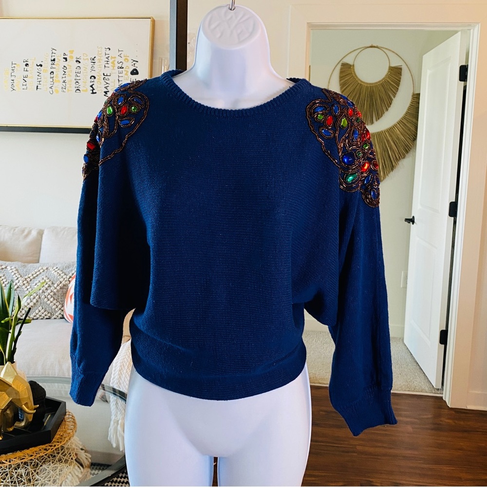 Vintage Blue Crew Neck Sweater w Embellished Sequin & Rhinestone Shoulders Sz L